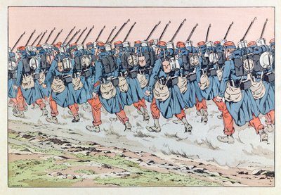 Jacques Marie Gaston Onfray de Breville, bekend als JOB; Illustratie uit het boek "Les epees de France": Les poilus de 14 op weg naar het front door pseudonym for Onfray de Breville Jacques Job