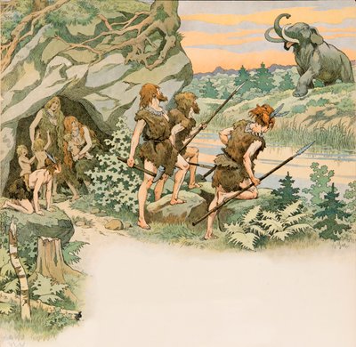 Jacques Marie Gaston Onfroy de Breville genaamd JOB (1858-1931) - Tijdens de prehistorie beschermen holbewoners hun families tegen een mammoetaanval door pseudonym for Onfray de Breville Jacques Job