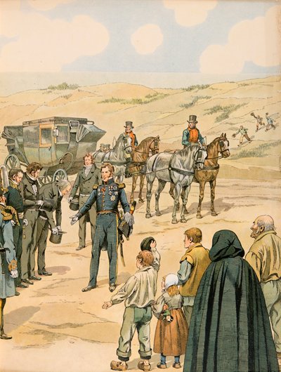 Jacques Marie Gaston Onfroy de Breville, bekend als JOB (1858-1931) - Geschiedenis van België: Leopold I (1790 - 1865) Prins van Saksen Coburg - Gotha wordt verwelkomd in La Panne door de Belgische autoriteiten op 17 juli door pseudonym for Onfray de Breville Jacques Job