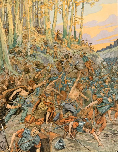 Geschiedenis van België: Slag bij Aduatuca, in de Vallei van de Geer in 54 v.Chr., de Eburonen (Belgen) slachtten de Romeinse legioenen van Caesar af tijdens de Gallische Oorlog, Privécollectie door pseudonym for Onfray de Breville Jacques Job