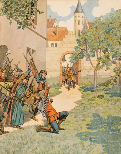 Geschiedenis van België: Jacob Van Artevelde (1287 - 1345) zegt de wijze man van Gent, valt onder de slagen van het volk, Privécollectie door pseudonym for Onfray de Breville Jacques Job