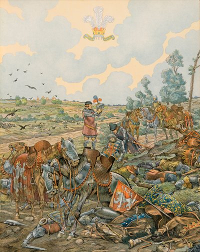 Geschiedenis van België: Jan I, Graaf van Luxemburg, genoemd de Blinde (1296 - 1346) valt in de Slag bij Crecy op 26 augustus 1346, Privécollectie door pseudonym for Onfray de Breville Jacques Job