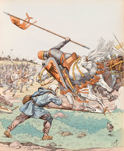 Jacques Marie Gaston Onfroy de Breville, bekend als JOB (1858-1931) - De maaier van Bouvines (boer die deelnam aan de Slag bij Bouvines in 1214), Privécollectie door pseudonym for Onfray de Breville Jacques Job