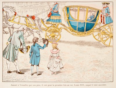 Napoleon Bonaparte naar Versailles gebracht door zijn vader ziet koning Lodewijk XVI voor het eerst in 1770, Privécollectie door pseudonym for Onfray de Breville Jacques Job