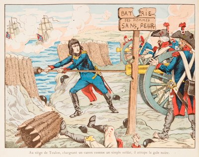 Napoleon Bonaparte zelf laadde het kanon voor de trommelaars van de onverschrokken mannen bij het beleg van Toulon in 1793, Privécollectie door pseudonym for Onfray de Breville Jacques Job
