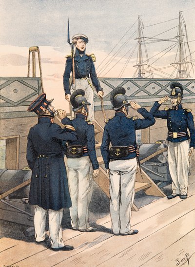 Outfit van Franse troepen door de tijden heen: Franse Marine, officieren en matrozen (1827) door pseudonym for Onfray de Breville Jacques Job