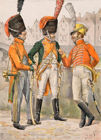 Outfit van Franse troepen door de tijden heen: Trompetten van de 14e, 23e, 24e regimenten jagers te paard voor 1812 door pseudonym for Onfray de Breville Jacques Job