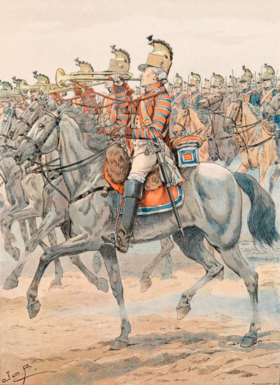 Outfit van de Franse troepen te allen tijde: Trompet van het Orleans Regiment - Dragons (1781) door pseudonym for Onfray de Breville Jacques Job