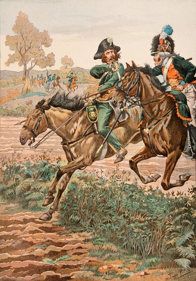 Outfit van de Franse troepen in alle tijden: Cavalier Vendeen en piqueur (of Piconnier) op het paard van het Germanique Legioen (1793), Privécollectie door pseudonym for Onfray de Breville Jacques Job