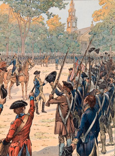 Lezing van de onafhankelijkheidsverklaring voor het leger in aanwezigheid van Georges Washington op 9 juli door pseudonym for Onfray de Breville Jacques Job