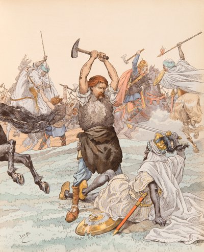De smid van Poitiers tijdens de Slag bij Poitiers in 732, Privécollectie door pseudonym for Onfray de Breville Jacques Job
