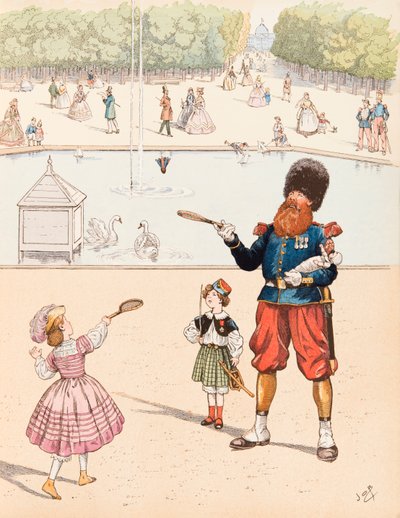 Jacques Marie Gaston Onfroy de Breville, bekend als JOB (1858-1931) - De sappeur (Franse leger sapeur in een openbaar park spelend met zijn kinderen), Privécollectie door pseudonym for Onfray de Breville Jacques Job