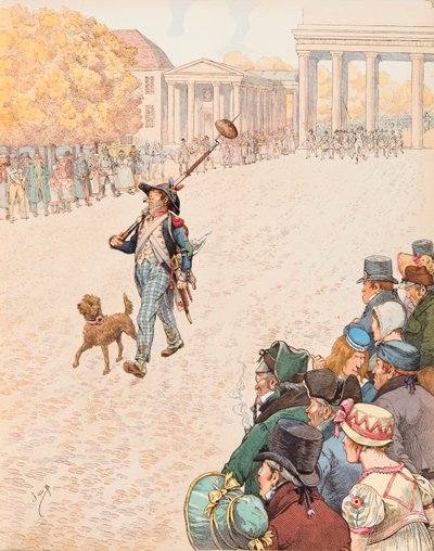 Jacques Marie Gaston Onfroy de Breville, bekend als JOB (1858-1931) - De intocht in Berlijn (de troepen van Napoleon I trokken in 1806 als overwinnaars Berlijn binnen), Privécollectie door pseudonym for Onfray de Breville Jacques Job