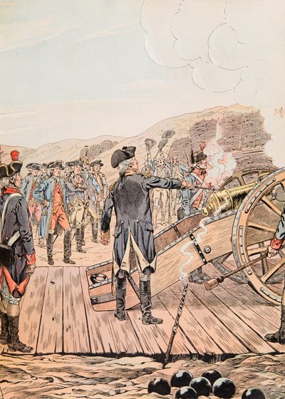 De eerste kanonschot bij het hoofdkwartier van Yorktown in september 1781 door pseudonym for Onfray de Breville Jacques Job