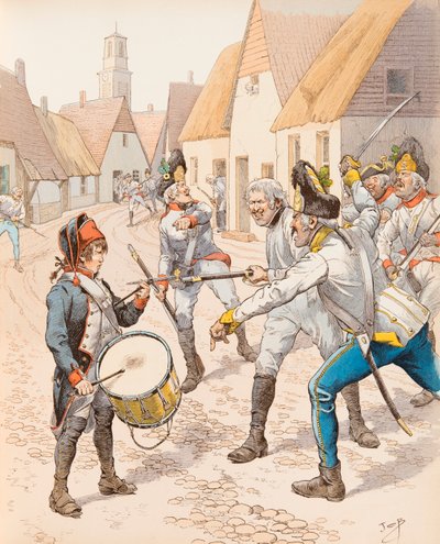 Jacques Marie Gaston Onfroy de Breville, bekend als JOB (1858-1931) - De kleine trommel van Wattignies in 1793 (De trommelaar Stroh viel onder de slagen van de Oostenrijkers tijdens de slag), Privécollectie door pseudonym for Onfray de Breville Jacques Job
