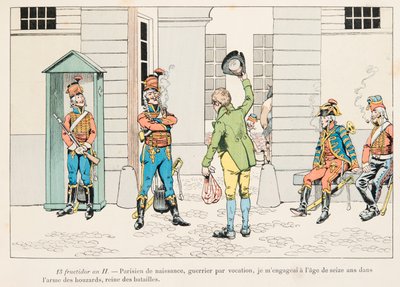 Outfit van Franse troepen door de tijden heen: jonge man betrokken bij de Huzaren tijdens de Franse Revolutie, Privécollectie door pseudonym for Onfray de Breville Jacques Job
