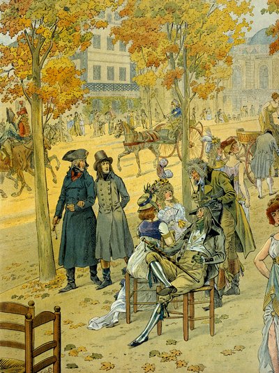 Jean Andoche Junot (1771-1813) en Napoleon I Bonaparte (1769-1821) wandelen langs Boulevard de Coblenz in Parijs. Illustratie door Jacques Marie Gaston Onfray de Breville, bekend als JOB (1858-1931) door pseudonym for Onfray de Breville Jacques Job