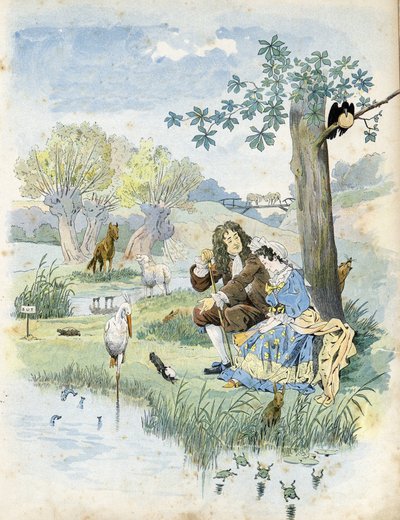 Jean de La Fontaine (1621-1695) praat met een jong meisje. Om hen heen dieren die voorkomen in de fabels van de dichter: wolf, lam, ooievaar, schildpad, rat, kikker, haas, vos, raaf... in 