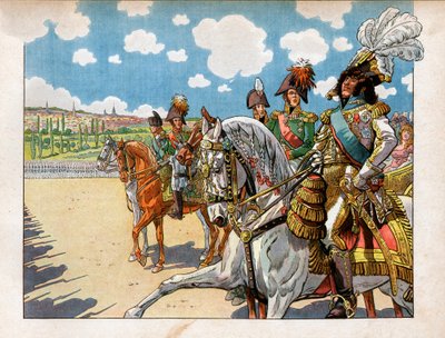 Joachim Murat (1767-1815) vergezelde Napoleon I Bonaparte (1869-1921) en Alexander I, Keizer van Rusland (1777-1825) tijdens de troepeninspectie tijdens het Verdrag van Tilsit op 7 juli 1807. Gravure door Jacques Marie Gaston Onfray de Breville, genaamd Jo door pseudonym for Onfray de Breville Jacques Job