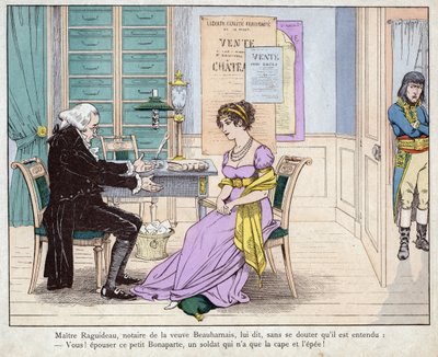 Josephine en de notaris - Maitre Raguideau, notaris van de weduwe Beauharnais, zei tegen haar, Jij! trouw met deze kleine Bonaparte - lithografie door Job (Jacques Onfroy de Breville) uit Le Gran door pseudonym for Onfray de Breville Jacques Job