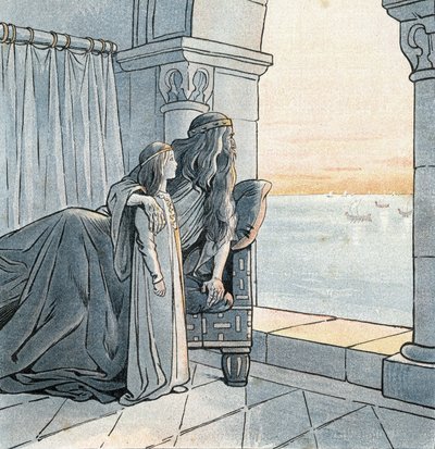 Koning Karel de Grote (Charles I genaamd Karel de Grote, 742-814) observeert de aankomst van Viking drakkars op de Seine in de 9e eeuw. in "Frankrijk, zijn verhaal verteld door G. Montorgueil, geïllustreerd door Job" 1896. Privécollectie. door pseudonym for Onfray de Breville Jacques Job