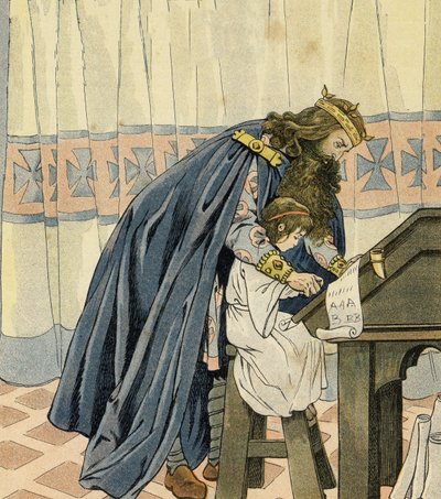 Koning Karel de Grote (742-814) onderwijst een jong kind en bedenkt de school. In 