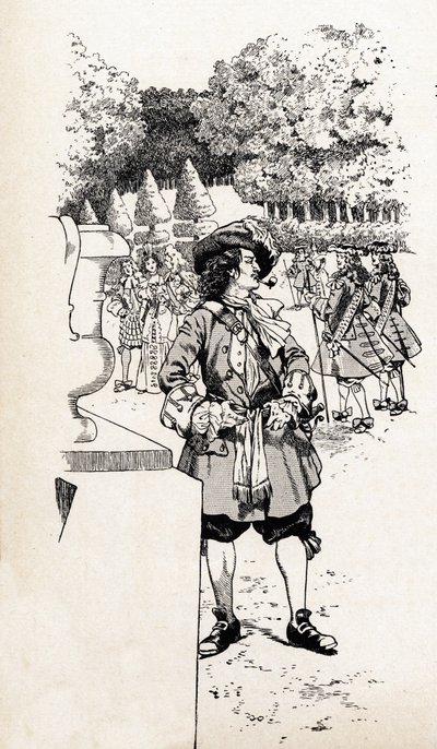 Koning Lodewijk XIV van Frankrijk genaamd Zonnekoning (1638-1715) met zijn hovelingen in de tuinen van Versailles. Illustratie van Job (Jacques Marie Gaston Onfray en Breville) (Jacques-Marie) (1858-1931) voor het boek 