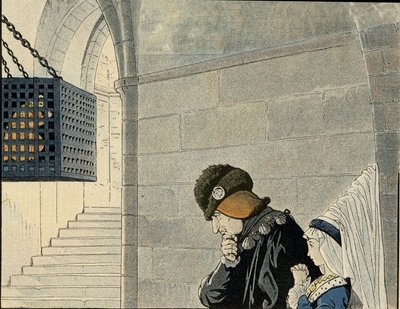 Koning Lodewijk XI (1423-1483) bezoekt de gevangene Jean Balue (1421-1491), opgesloten in 1469 in een ijzeren kooi voor het samenzweren tegen de koning. in "Frankrijk, zijn verhaal verteld door G. Montorgueil, geïllustreerd door Job" 1896. Privécollectie. door pseudonym for Onfray de Breville Jacques Job