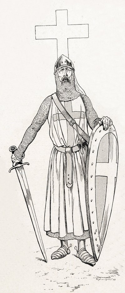 Ridder van Lodewijk IX bekend als Sint Louis (1214-1270) in kruisvaarderskostuum. Illustratie van Job (Jacques Marie Gaston Onfray en Breville) (Jacques-Marie) (1858-1931) voor het boek 