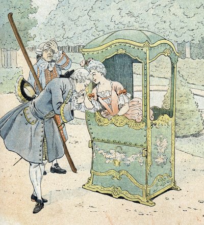 Dame van adel in de 18e eeuw, in een stoel met dragers die de handkus ontvangt door pseudonym for Onfray de Breville Jacques Job