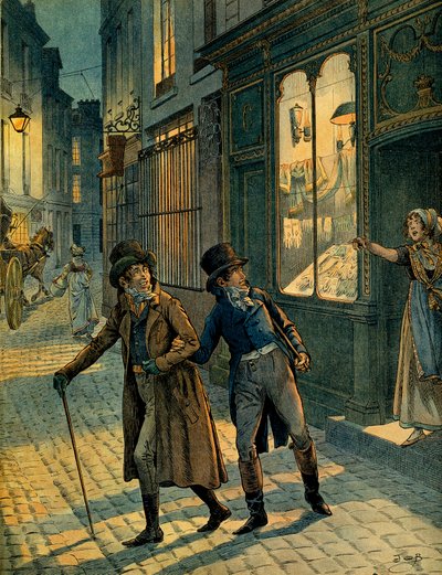 Louis Antoine Fauvelet de Bourrienne en Napoleon I Bonaparte incognito in de straten van Parijs. Illustratie door Jacques Marie Gaston Onfray de Breville, bekend als JOB. Privécollectie door pseudonym for Onfray de Breville Jacques Job