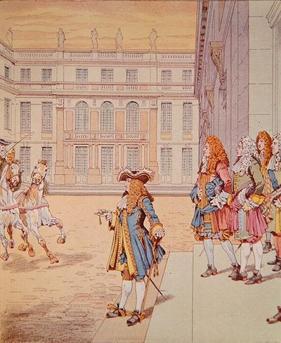 Lodewijk XIV in de binnenplaats van Versailles die zijn beroemde zin 