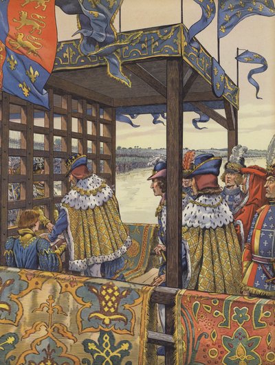 Lodewijk XI van Frankrijk en Eduard IV van Engeland ontmoeten elkaar om het Verdrag van Picquigny te ondertekenen aan weerszijden van een houten barrière door pseudonym for Onfray de Breville Jacques Job