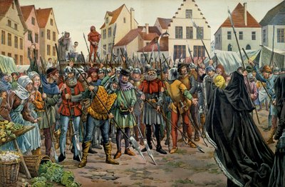 Maria van Bourgondië (1457-1482), hertogin van Bourgondië, vraagt om genade voor haar adviseurs in 1477. Illustratie door Jacques Marie Gaston Onfray de Breville, bekend als JOB (1858-1931) in 