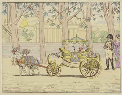Meester van de wereld, hij is de gelukkigste vader. Napoleon kijkt toe hoe de koning van Italië zijn eerste stappen zet in een wagen getrokken door geiten door pseudonym for Onfray de Breville Jacques Job