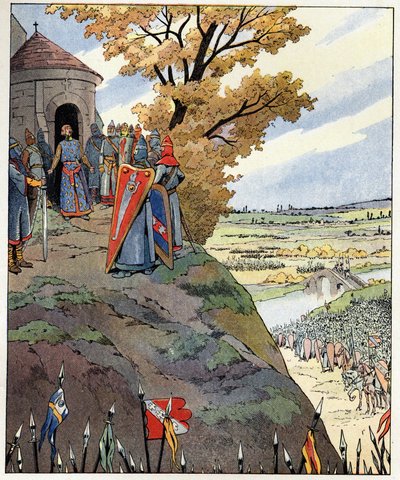 Mijn kroon aan de dappere woorden van koning Filips II zei Filips Augustus (1165-1223) tegen de heren voor de overwinning van de Slag bij Bouvines op 27 juli door pseudonym for Onfray de Breville Jacques Job