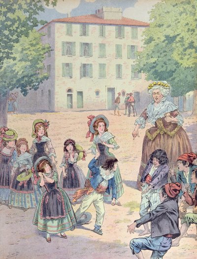 Napoleon Bonaparte als kind in een ruzie met zijn kameraden voor zijn huis in Ajaccio, Corsica door pseudonym for Onfray de Breville Jacques Job