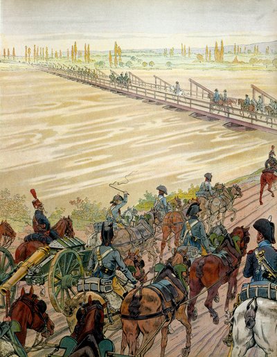 Napoleon I Bonaparte (1769-1821) en zijn leger steken de Rijn over op 1 oktober 1805. In 