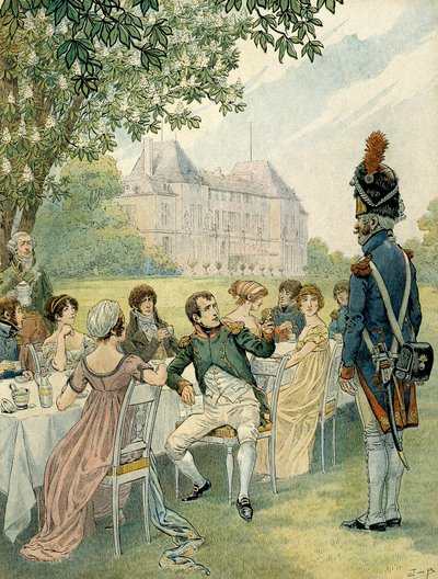 Napoleon I Bonaparte tijdens een lunch in de tuinen van het kasteel van Malmaison. Illustratie door Jacques Marie Gaston Onfray de Breville, bekend als JOB. Privécollectie door pseudonym for Onfray de Breville Jacques Job