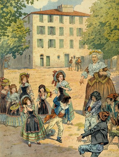 Napoleon I Bonaparte (1769-1821) in Ajaccio werd berispt door zijn huishoudster. Dit is het huis waar Bonaparte op 15 augustus 1769 werd geboren. Illustratie door Jacques Marie Gaston Onfray de Breville, bekend als JOB (1858-1931) door pseudonym for Onfray de Breville Jacques Job