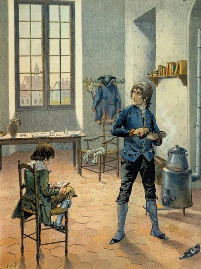 Napoleon I Bonaparte in garnizoen in Auxonne met zijn broer Louis Bonaparte lezend tussen 1788 en 1789 door pseudonym for Onfray de Breville Jacques Job