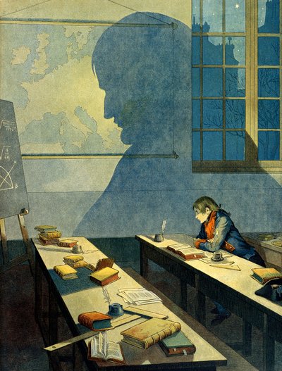 Napoleon I Bonaparte (1769-1821) studeert aan de Koninklijke Militaire School van Brienne. Zijn schaduw valt op de geografische kaart van Europa. Illustratie door Jacques Marie Gaston Onfray de Breville, bekend als JOB door pseudonym for Onfray de Breville Jacques Job