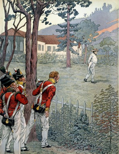 Napoleon I Bonaparte (1769-1821) onder de verbaasde blikken van het Britse leger in gevangenschap op het eiland Sint-Helena door pseudonym for Onfray de Breville Jacques Job