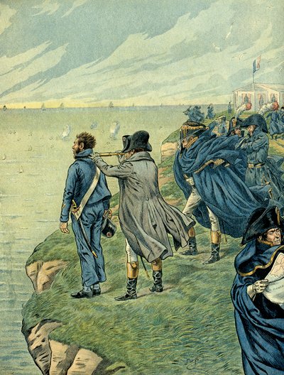 Napoleon I Bonaparte bezocht het arsenaal van het kamp van Boulogne in juli 1804. Illustratie door Jacques Marie Gaston Onfray de Breville door pseudonym for Onfray de Breville Jacques Job