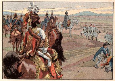 Napoleon I Bonaparte (1769-1821) met Joachim Murat (1767-1815) tijdens de overgave van Ulm in 1805. Gravure door Jacques Marie Gaston Onfray de Breville, genaamd Job (1858-1931) door pseudonym for Onfray de Breville Jacques Job
