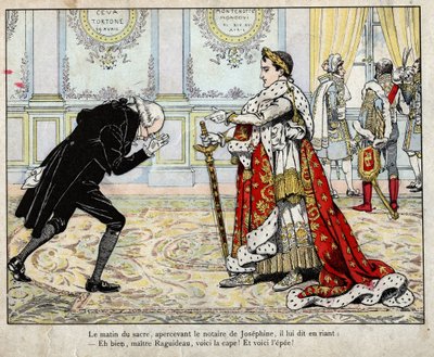 Napoleon en notaris Raguideau, ochtend van de kroning 1804 - lithografie door Job (Jacques Onfroy de Bréville) uit Le Grand Napoléon des Petites Enfants 1893 door pseudonym for Onfray de Breville Jacques Job