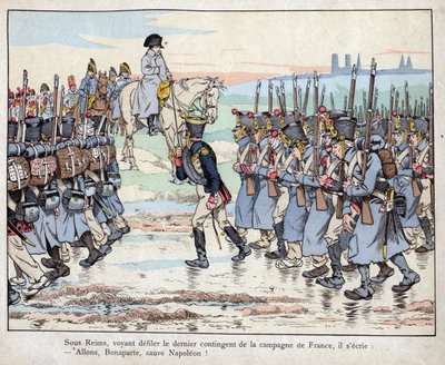 Napoleon kijkt naar het laatste contingent van het leger op het Franse platteland nabij Reims, 16 maart door pseudonym for Onfray de Breville Jacques Job