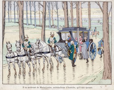 Napoleon ontmoet aartshertogin Marie-Louise van Oostenrijk - 1810 - lithografie door Job (Jacques Onfroy de Bréville) uit Le Grand Napoléon des Petites Enfants 1893 door pseudonym for Onfray de Breville Jacques Job