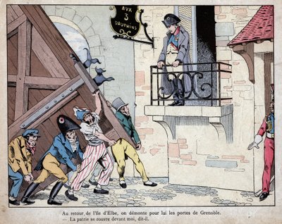 Napoleon verzamelt zijn soldaten in Grenoble bij zijn terugkeer van het eiland Elba - De stad Grenoble opent haar poorten voor Napoleon bij zijn terugkeer uit ballingschap op Elba, 7 maart 1815 - lithografie door Job (Jacques Onfroy de Bréville) uit Le Gra door pseudonym for Onfray de Breville Jacques Job