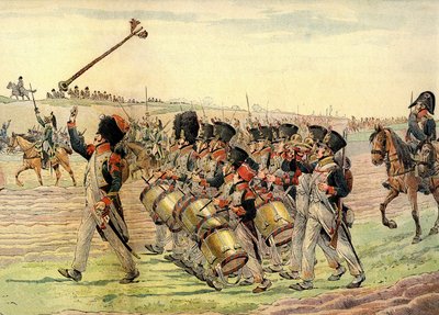 Regiment van het Napoleontische leger marcherend naar de strijd op het geluid van muziek, ca. 1900 (prent) door pseudonym for Onfray de Breville Jacques Job